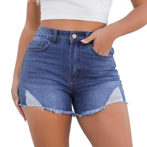 Blostirno Women's Casual Mid Rise Waisted Denim Shorts Raw Hem Ripped Stretchy Jean Short Pants with Pockets