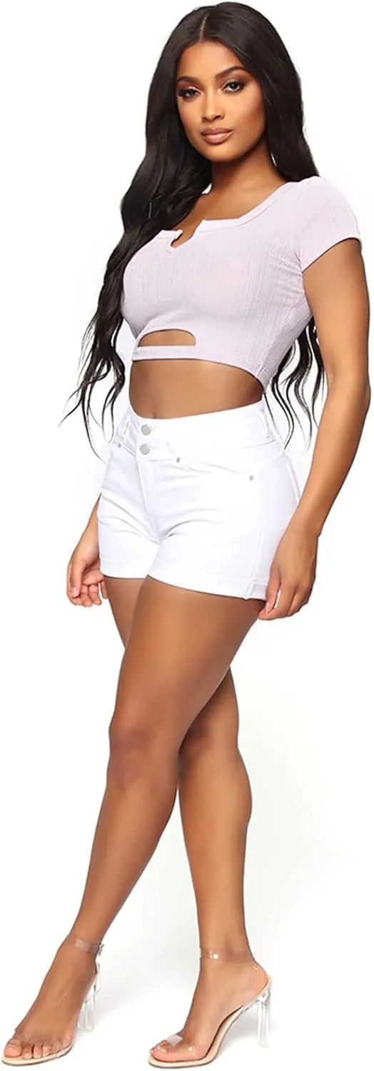 Blostirno Women's Casual Mid Rise Waisted Denim Shorts Raw Hem Ripped Stretchy Jean Short Pants with Pockets
