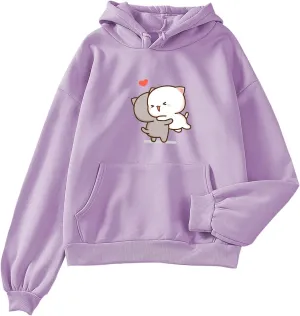 Bobeutou Cute Cat Hoodies for Teen Girls Women Anime Graphic Comfy Oversized Drawstring Sweatshirts Pullover Tops with Pocket (Purple,M,Medium)