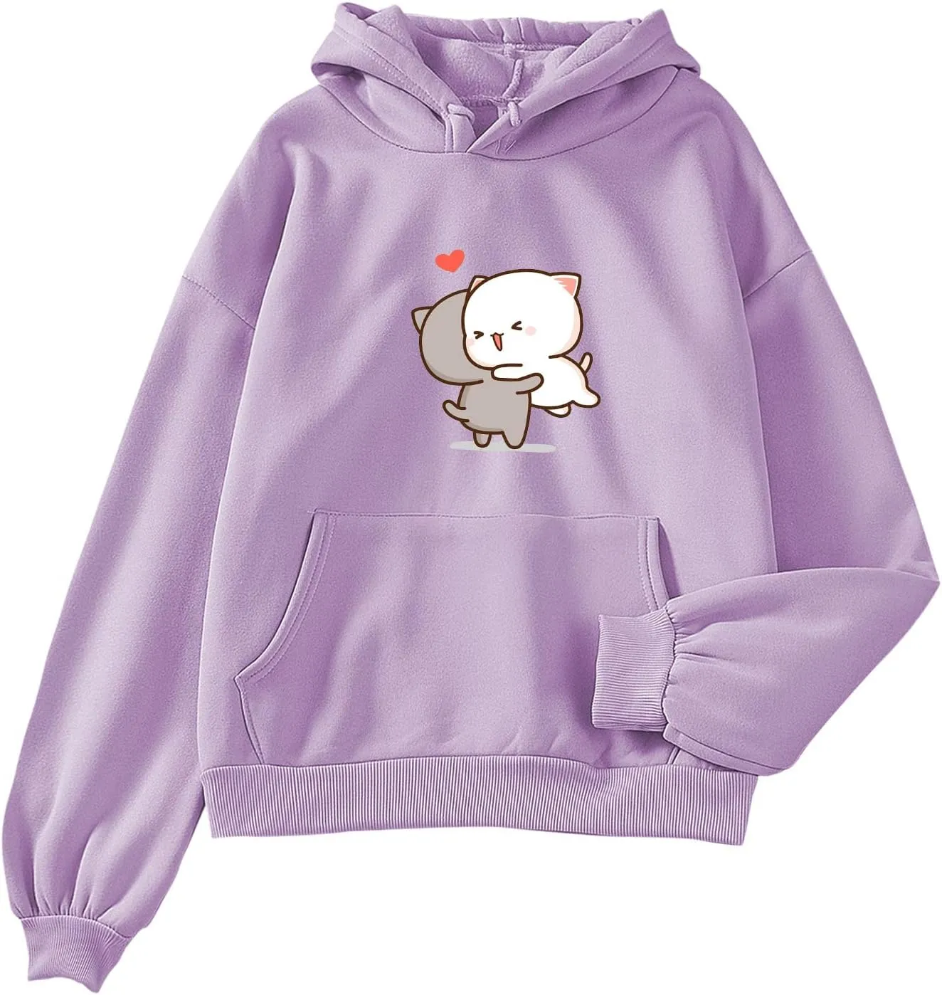 Bobeutou Cute Cat Hoodies for Teen Girls Women Anime Graphic Comfy Oversized Drawstring Sweatshirts Pullover Tops with Pocket (Purple,M,Medium)
