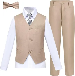 Boy 5-Piece Formal Suit Set Slim Fit Vest Pants Collared Dress Shirt Tie Kids Baby Boy Teen Ring Bearer Gentleman Outfits