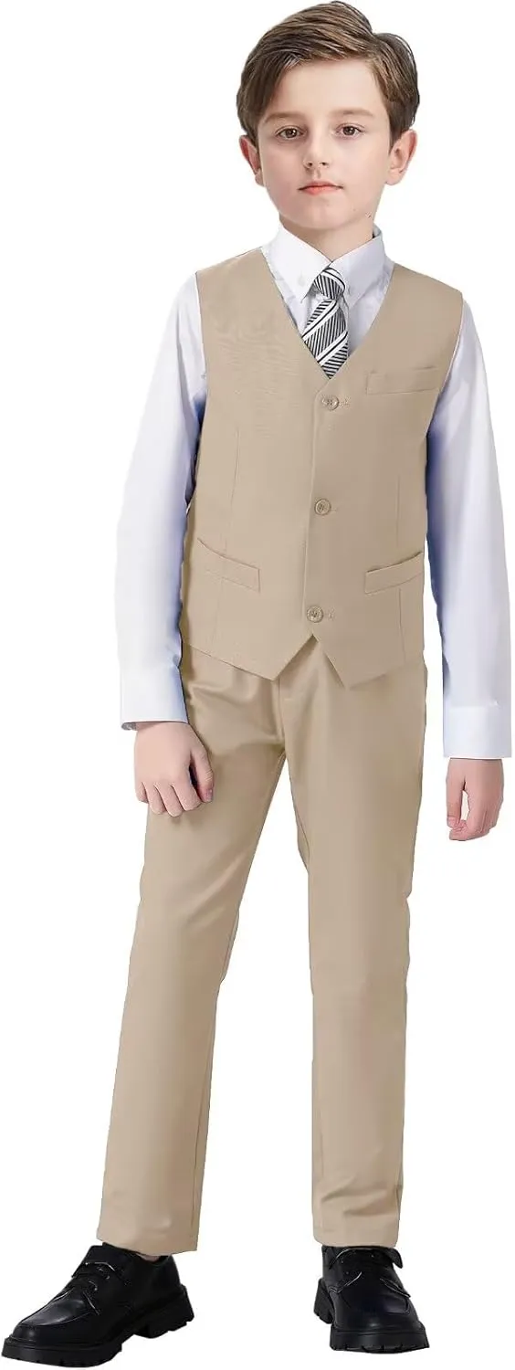 Boy 5-Piece Formal Suit Set Slim Fit Vest Pants Collared Dress Shirt Tie Kids Baby Boy Teen Ring Bearer Gentleman Outfits