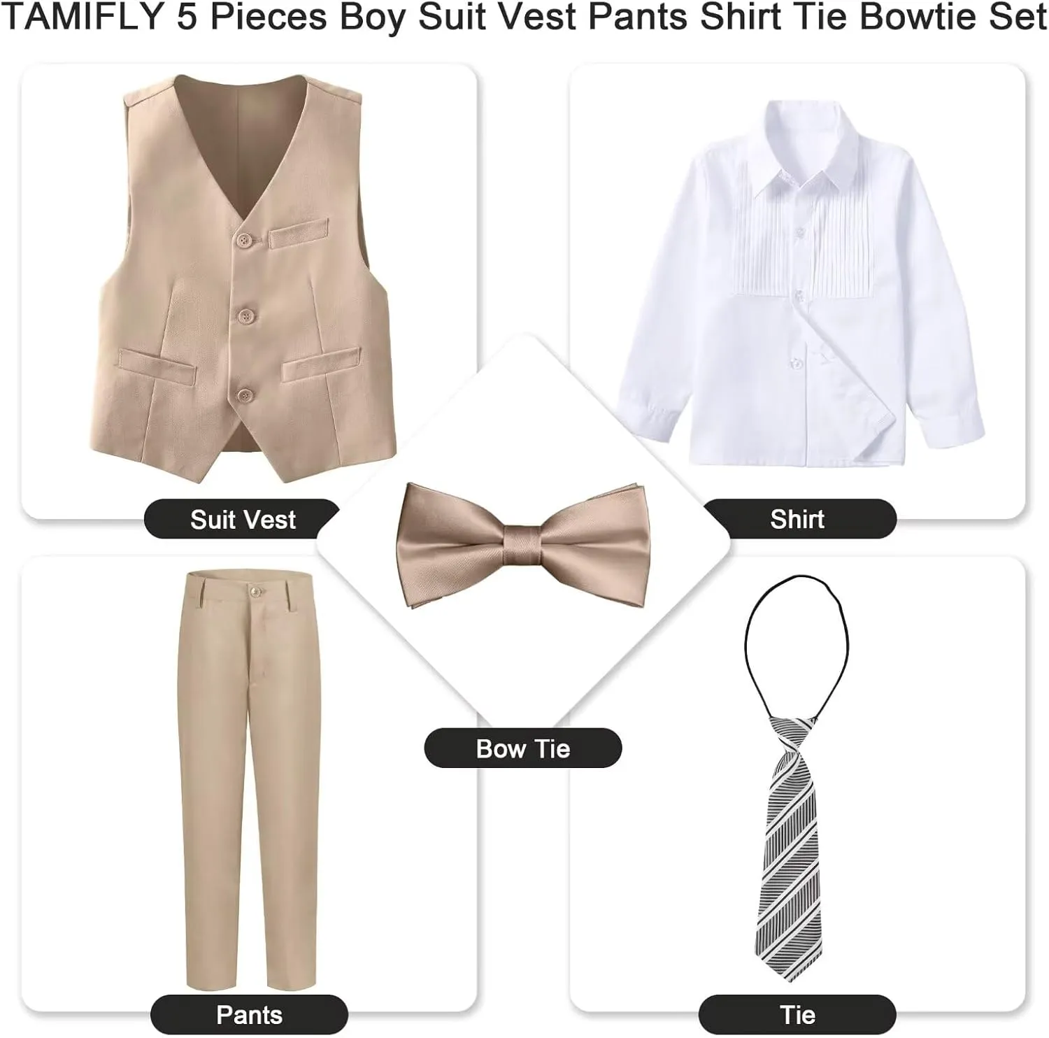 Boy 5-Piece Formal Suit Set Slim Fit Vest Pants Collared Dress Shirt Tie Kids Baby Boy Teen Ring Bearer Gentleman Outfits