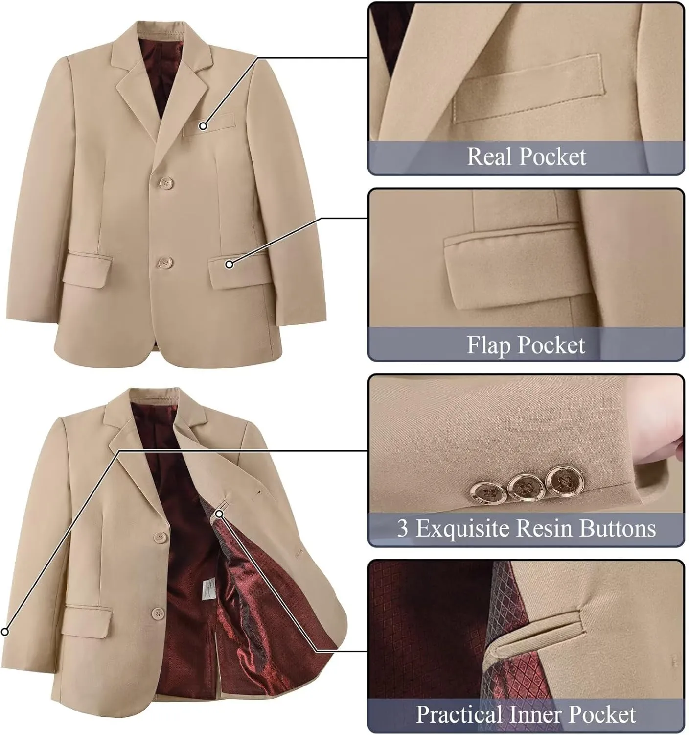 Boy's Suit Formal Slim Fit 5 Pieces Suit Set Blazer Vest Pants with Adjustable Waist Shirt with Tie