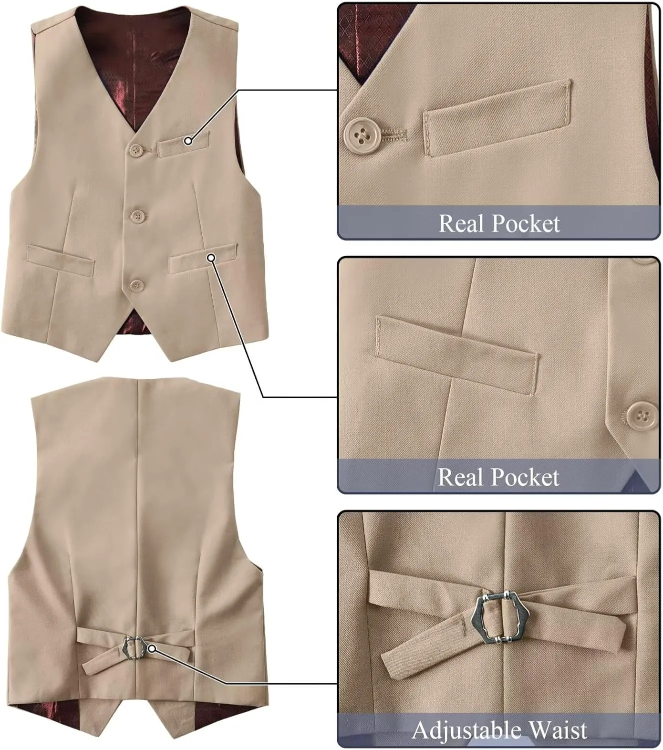 Boy's Suit Formal Slim Fit 5 Pieces Suit Set Blazer Vest Pants with Adjustable Waist Shirt with Tie