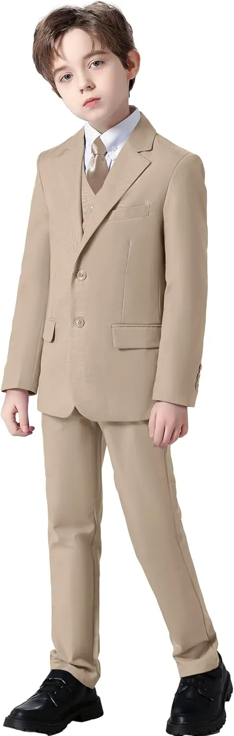 Boy's Suit Formal Slim Fit 5 Pieces Suit Set Blazer Vest Pants with Adjustable Waist Shirt with Tie