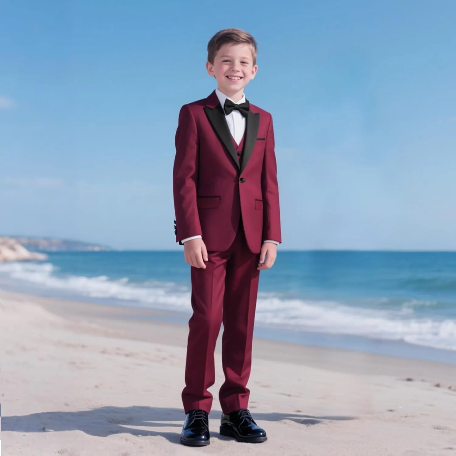 Boys Suits 3 Piece Slim Fit Formal Set One Button Solid Tuxedo Jacket Vest Pant for Kids Prom Wedding 4-16 Years Peak Lapel