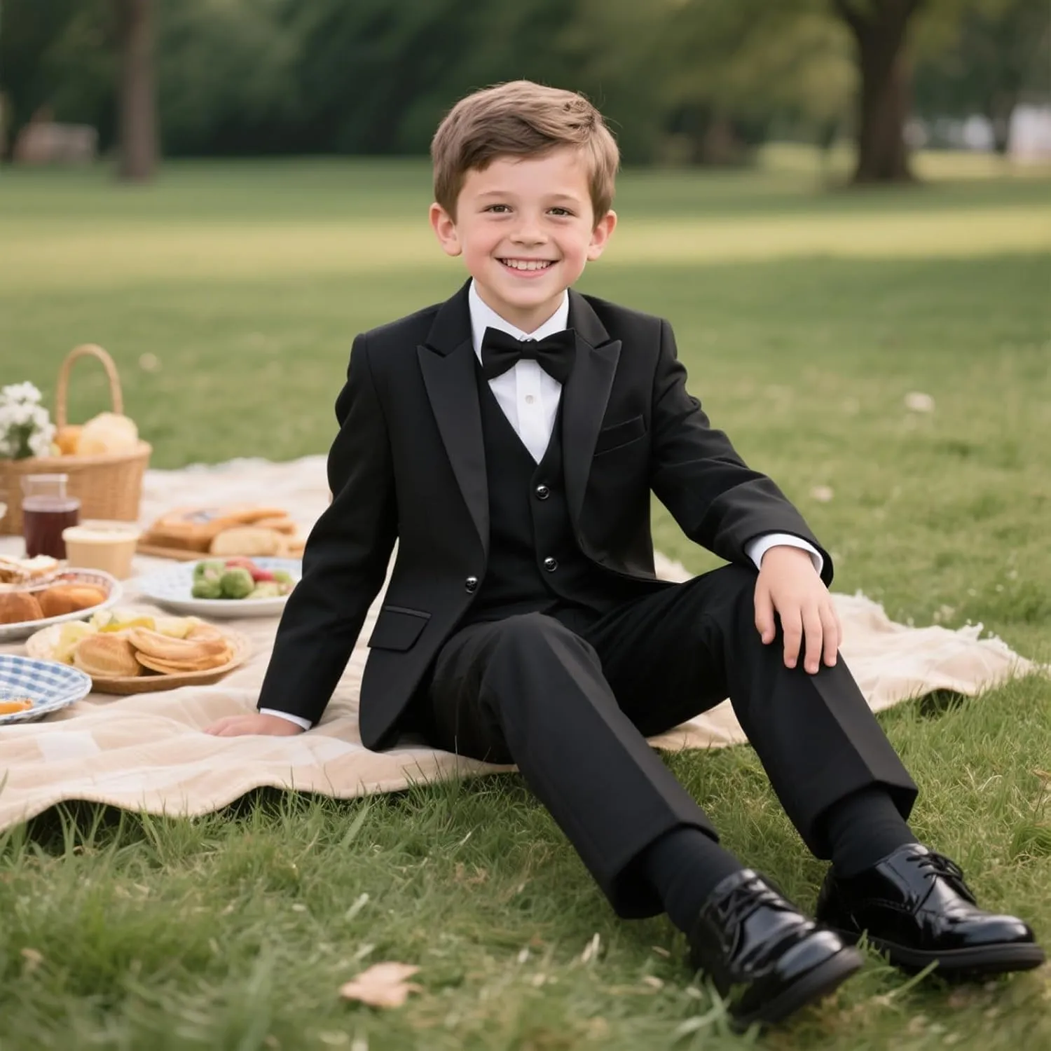 Boys Suits 3 Piece Slim Fit Formal Set One Button Solid Tuxedo Jacket Vest Pant for Kids Prom Wedding 4-16 Years Peak Lapel