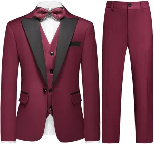 Boys Suits 3 Piece Slim Fit Formal Set One Button Solid Tuxedo Jacket Vest Pant for Kids Prom Wedding 4-16 Years Peak Lapel