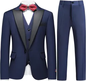 Boys Suits 3 Piece Slim Fit Formal Set One Button Solid Tuxedo Jacket Vest Pant for Kids Prom Wedding 4-16 Years Peak Lapel