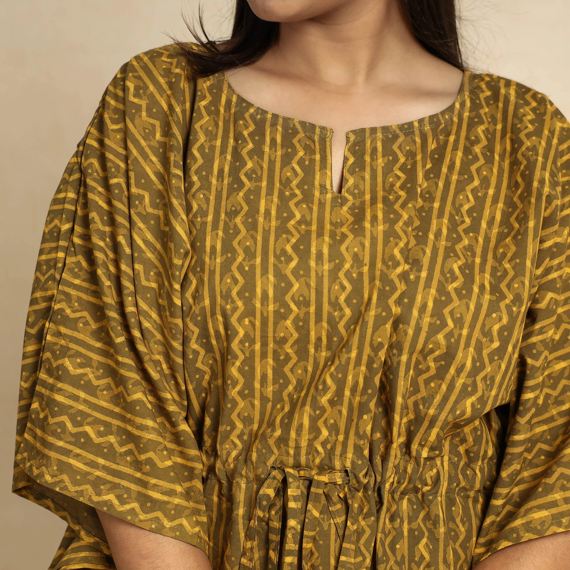 Brown - Akola Block Printed Cotton Kaftan & Pyjama Night Suit Set