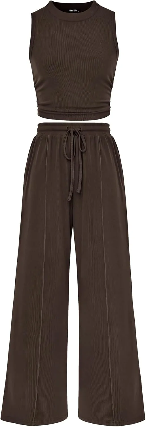 BTFBM Women Summer 2 Piece Outfits 2025 Beach Crew Neck Sleeveless Cropped Top Elastic Waist Wide Leg Pants Lounge Set