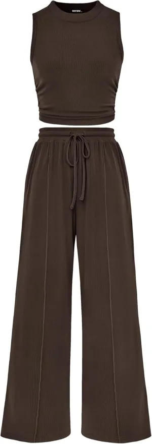 BTFBM Women Summer 2 Piece Outfits 2025 Beach Crew Neck Sleeveless Cropped Top Elastic Waist Wide Leg Pants Lounge Set