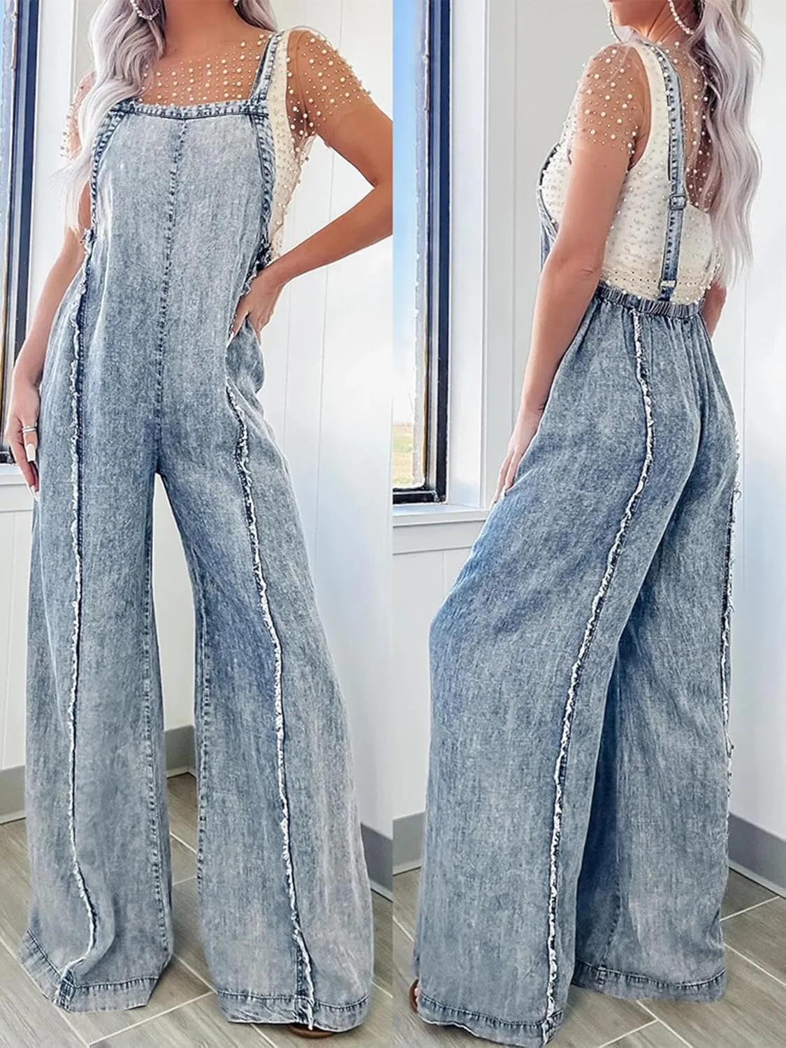 cffvdiz Women's Loose Denim Bib Overalls Vintage Washed Raw Edge Wide Leg Denim Jean Jumpsuit