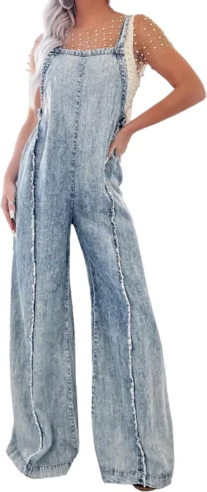cffvdiz Women's Loose Denim Bib Overalls Vintage Washed Raw Edge Wide Leg Denim Jean Jumpsuit