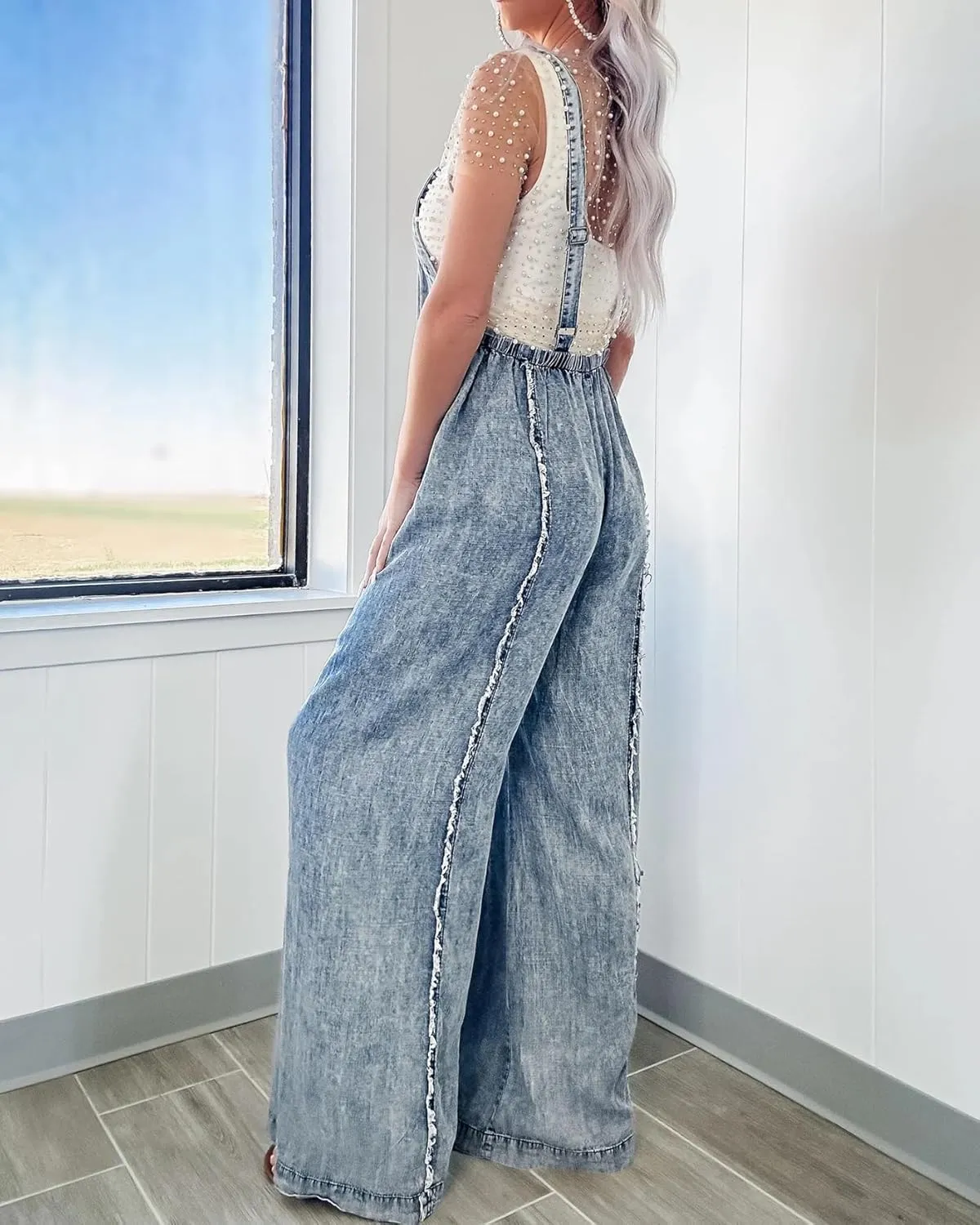 cffvdiz Women's Loose Denim Bib Overalls Vintage Washed Raw Edge Wide Leg Denim Jean Jumpsuit