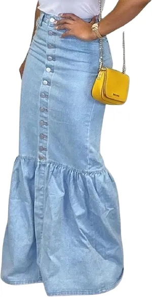 CHARTOU Women's High Waist Button Ruffled Bodycon Maxi Long Mermaid Denim Skirt