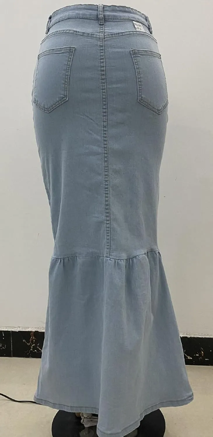 CHARTOU Women's High Waist Button Ruffled Bodycon Maxi Long Mermaid Denim Skirt