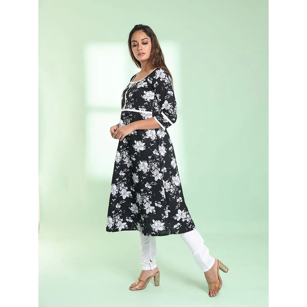 CHARUKRITI Black Cotton Floral Printed Fit & Flare Stitched Kurta with Churidar (Set of 2)