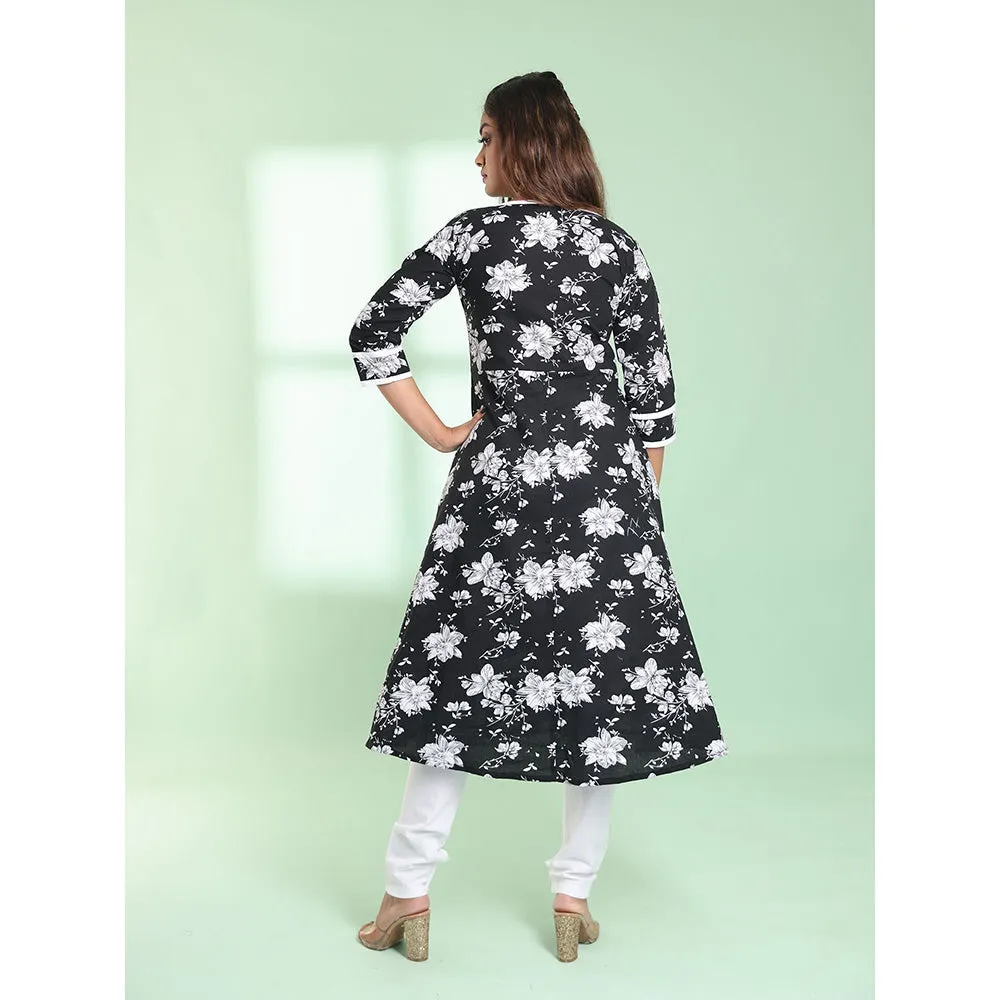 CHARUKRITI Black Cotton Floral Printed Fit & Flare Stitched Kurta with Churidar (Set of 2)