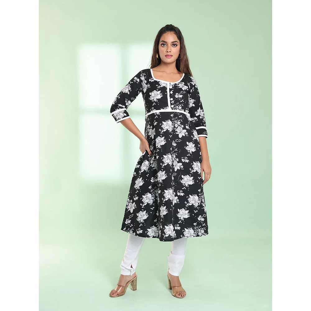 CHARUKRITI Black Cotton Floral Printed Fit & Flare Stitched Kurta with Churidar (Set of 2)