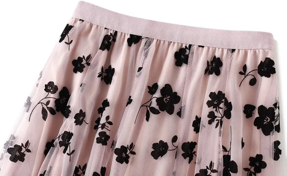 chouyatou Women's Fairy A-Line Pleated Swing Dance Midi Long Floral Tulle Skirt