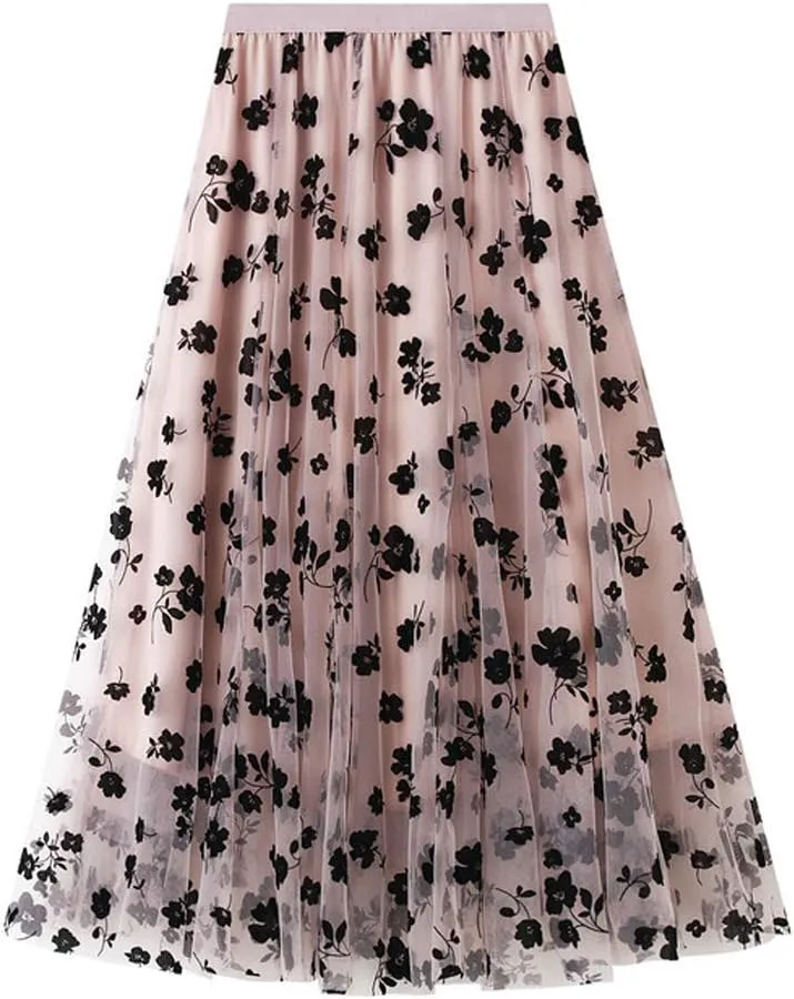 chouyatou Women's Fairy A-Line Pleated Swing Dance Midi Long Floral Tulle Skirt