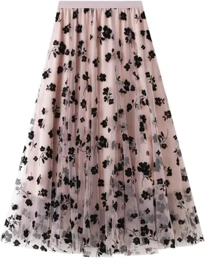 chouyatou Women's Fairy A-Line Pleated Swing Dance Midi Long Floral Tulle Skirt