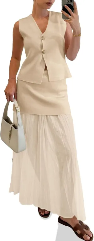 Cicy Bell Womens Summer 2 Piece Outfits V Neck Sleeveless Blazer Waistcoat and Mesh Maxi Skirt Suit Sets