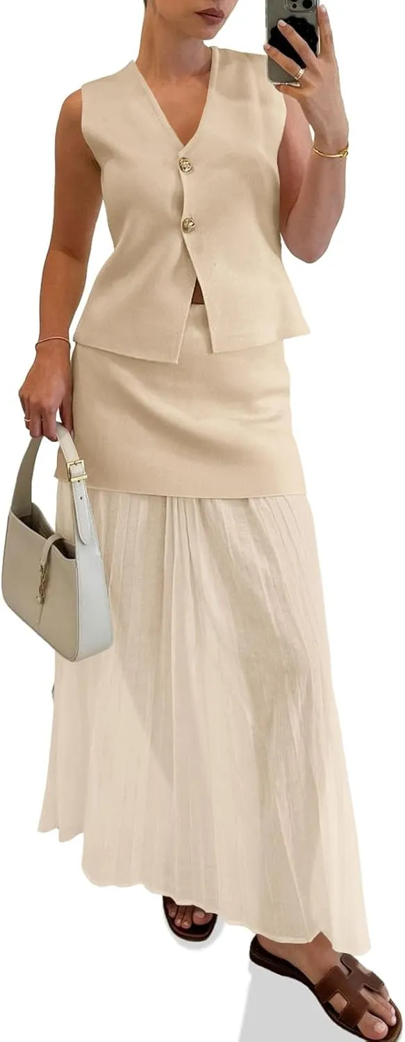 Cicy Bell Womens Summer 2 Piece Outfits V Neck Sleeveless Blazer Waistcoat and Mesh Maxi Skirt Suit Sets