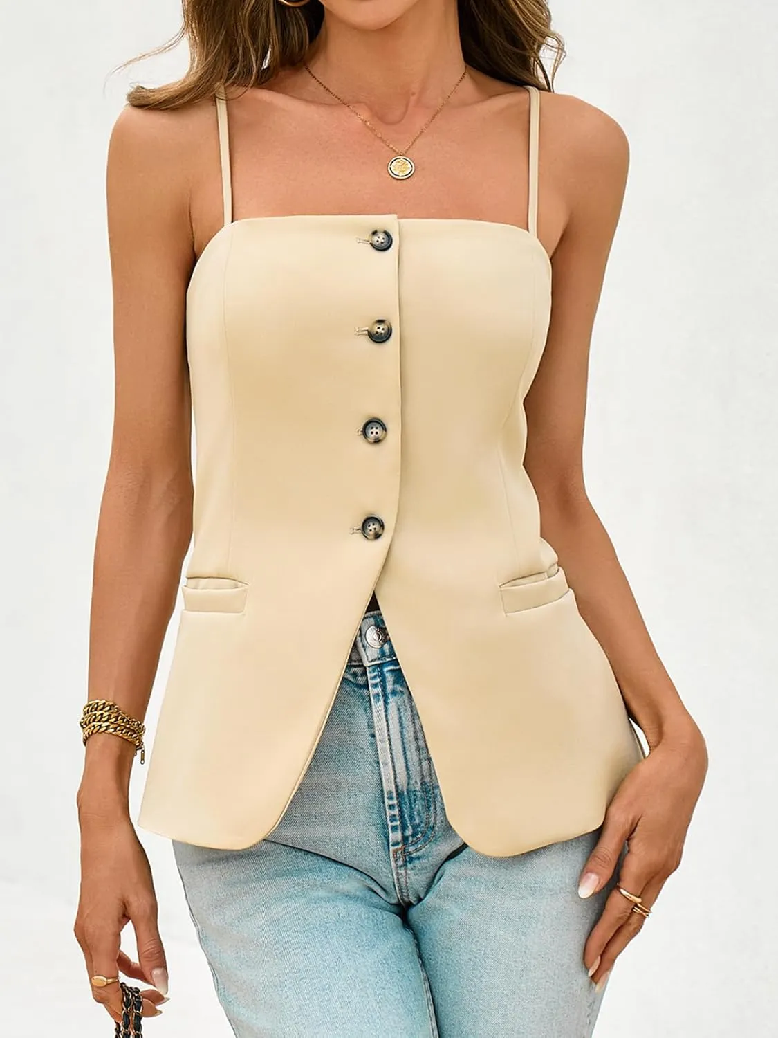 Cicy Bell Womens Summer Spaghetti Strap Vest Tops Dressy Casual Button Down Waistcoat Fitted Split Hem Sleeveless Suit Blazer