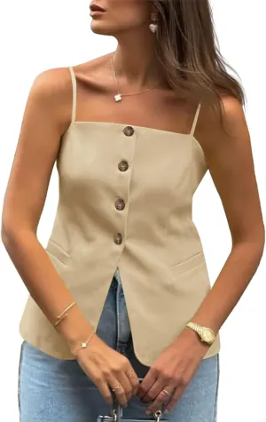 Cicy Bell Womens Summer Spaghetti Strap Vest Tops Dressy Casual Button Down Waistcoat Fitted Split Hem Sleeveless Suit Blazer