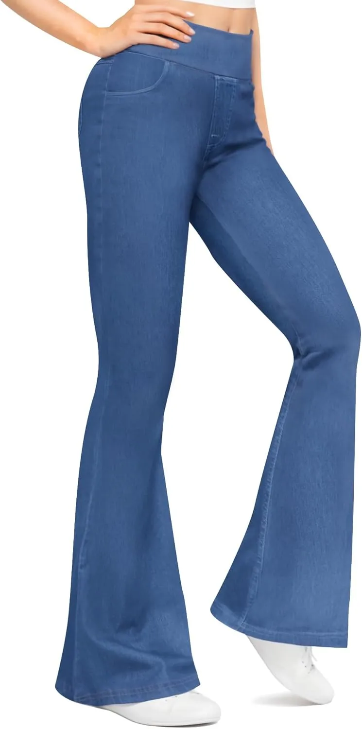 CLOZOZ Flared Jeans for Women High Waisted Stretchy Pull On Bell Bottom Flare Leggings with Pockets