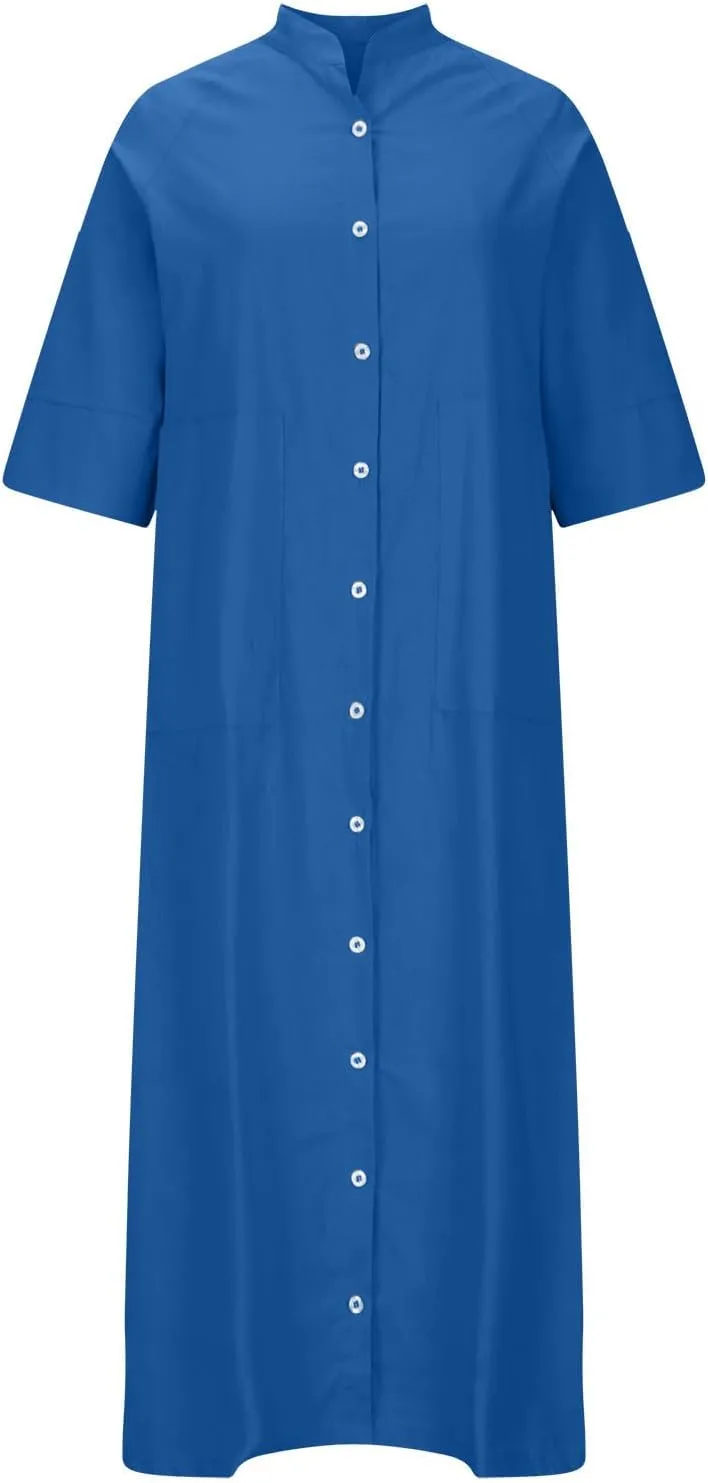 Cotton Linen Shirt Dress for Women Summer Button-Down Blouse Tops Flowy Loose A-Line Midi Dress Tunic Dress Plus Size