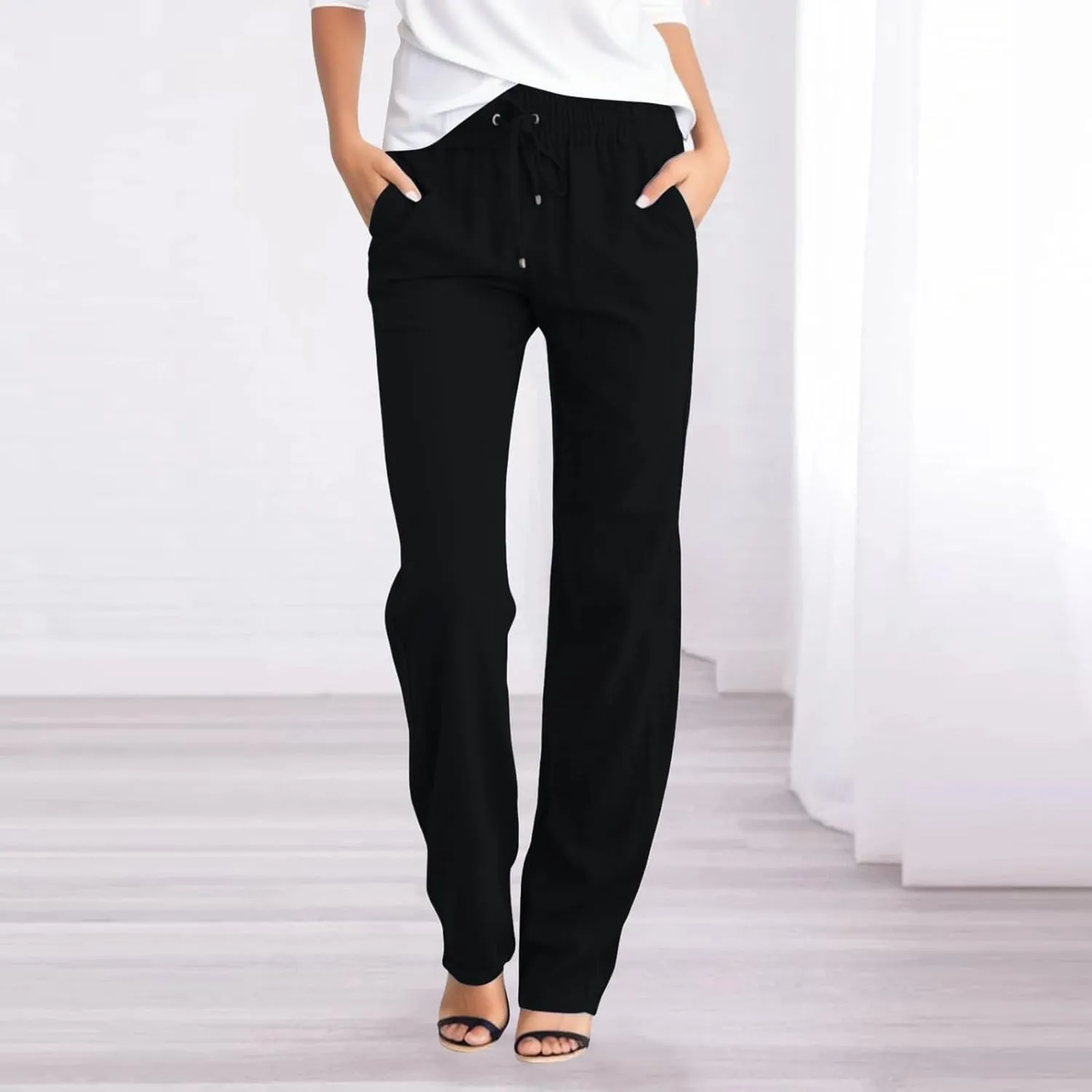 DASAYO Linen Pants Women Drawstring Elastic Waist Straight Leg Trousers Ladies Lightweight Casual Summmer Pants with Pockets