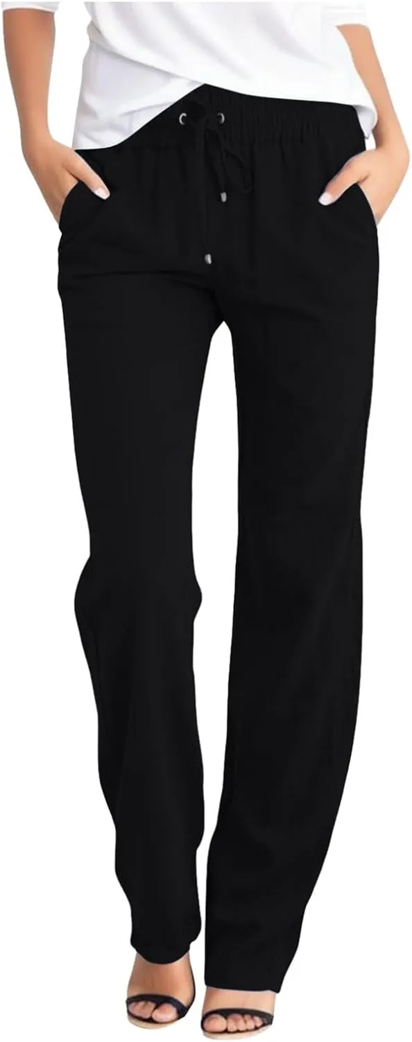 DASAYO Linen Pants Women Drawstring Elastic Waist Straight Leg Trousers Ladies Lightweight Casual Summmer Pants with Pockets