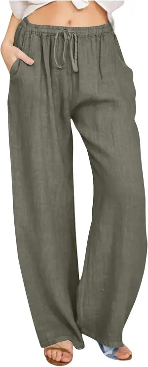 DASAYO Linen Pants Women Summer Wide Leg Pants Drawstring Elastic Waist Loose Palazzo Casual Boho Beach Trousers with Pcokets