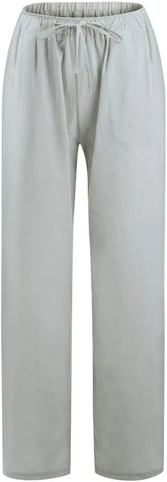 DASAYO Linen Pants Women Summer Wide Leg Pants Drawstring Elastic Waist Loose Palazzo Casual Boho Beach Trousers with Pcokets