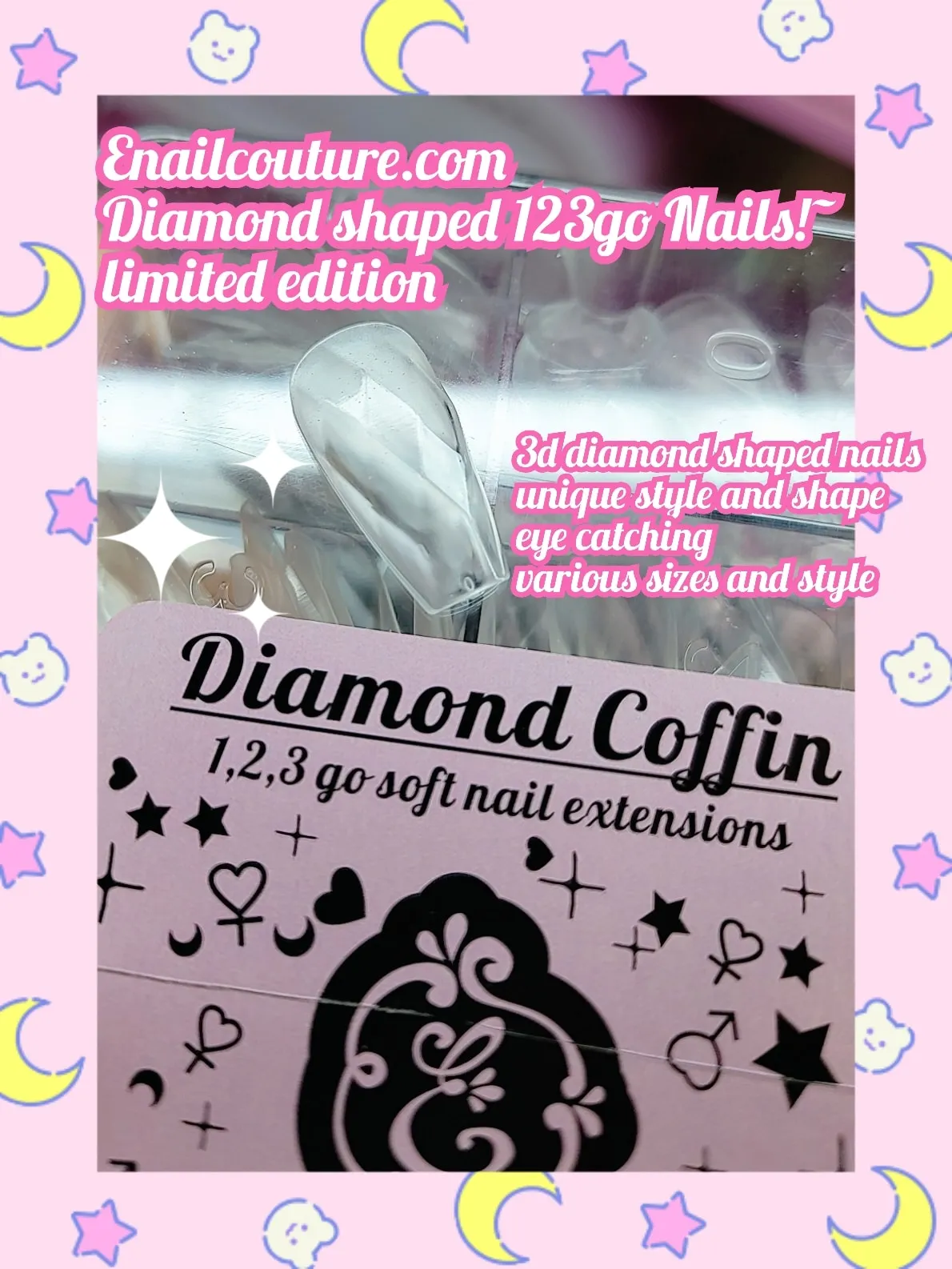 Diamond 123go nails (3D Diamond Shaped Nail, Extension Clear Full Cover False Nail Tips, Hybrid Gel Acrylic Nail, Diamond Fake Nails)
