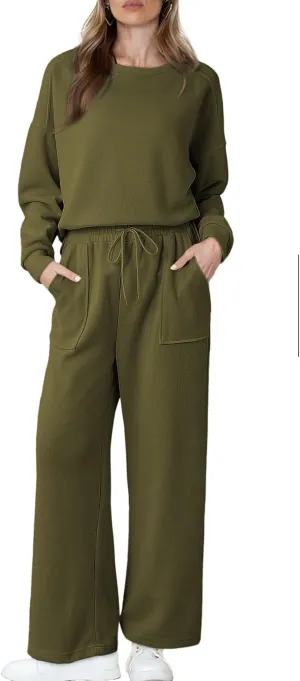 Dokotoo Women's Cotton 2 Piece Outfits Sweatsuit Casual Fall Long Sleeve Knit Tops And Pants Lounge Sets