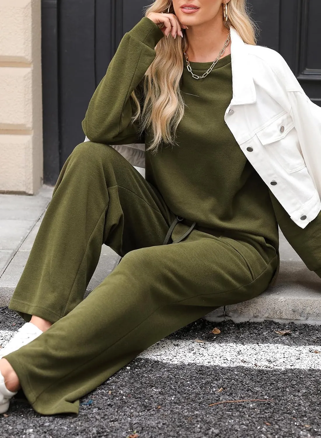 Dokotoo Women's Cotton 2 Piece Outfits Sweatsuit Casual Fall Long Sleeve Knit Tops And Pants Lounge Sets