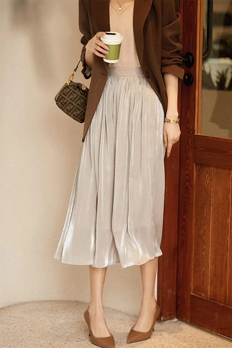 ebossy Women's Summer Elegant Shiny Lustrous Midi Skirt Elastic Waist Pleated Flowy Swing A-line Skirts