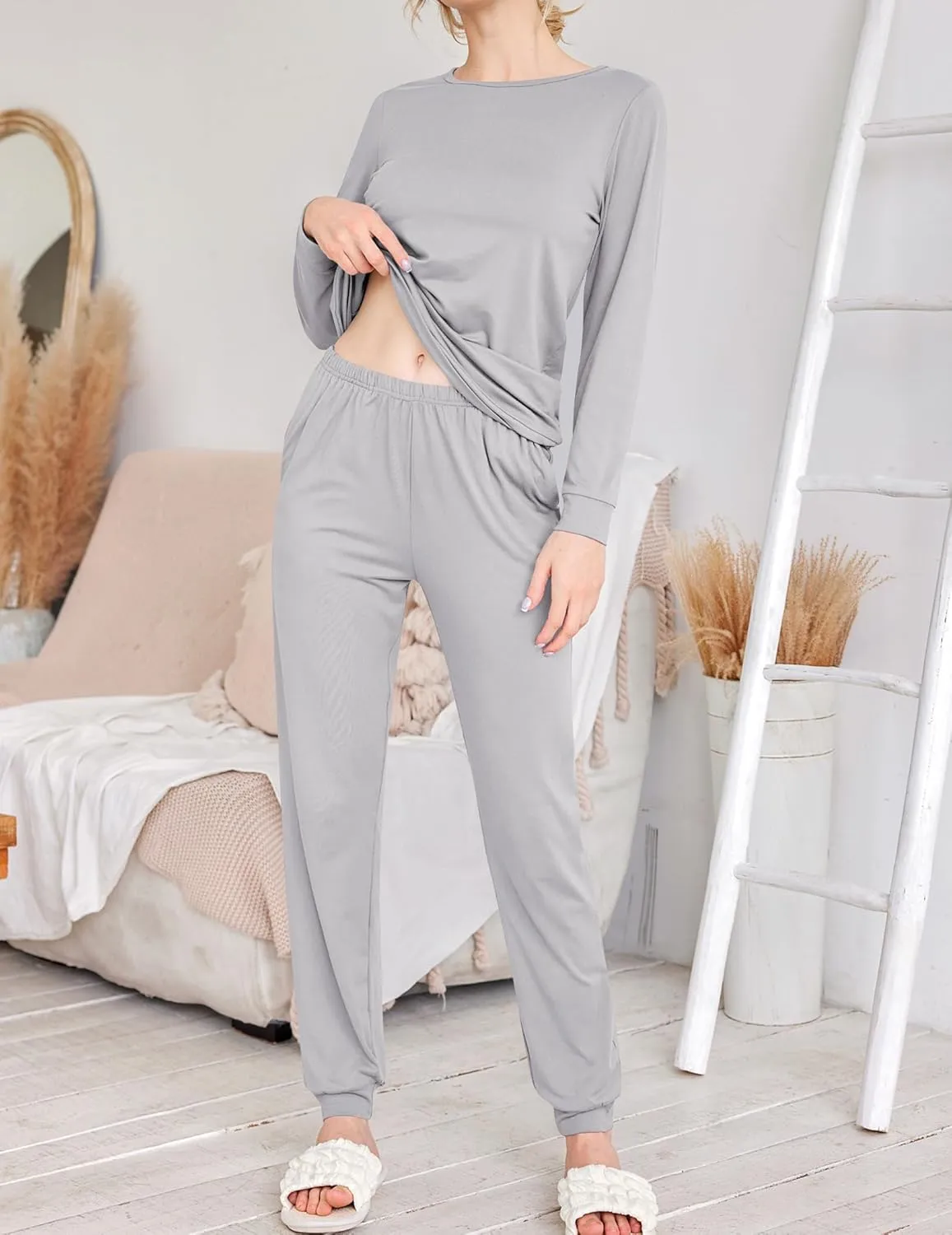 Ekouaer 2 Pack Women's Pajama Set Long Sleeve Top With Jogger Pants Lounge Sets Sleepwear Loungewear with Pockets