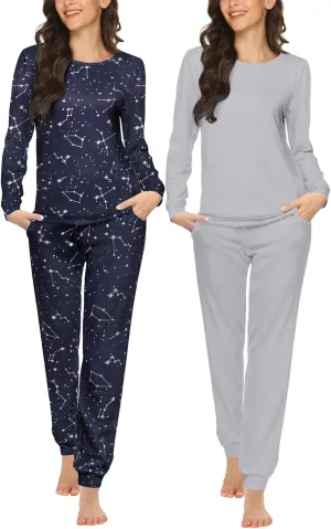 Ekouaer 2 Pack Women's Pajama Set Long Sleeve Top With Jogger Pants Lounge Sets Sleepwear Loungewear with Pockets