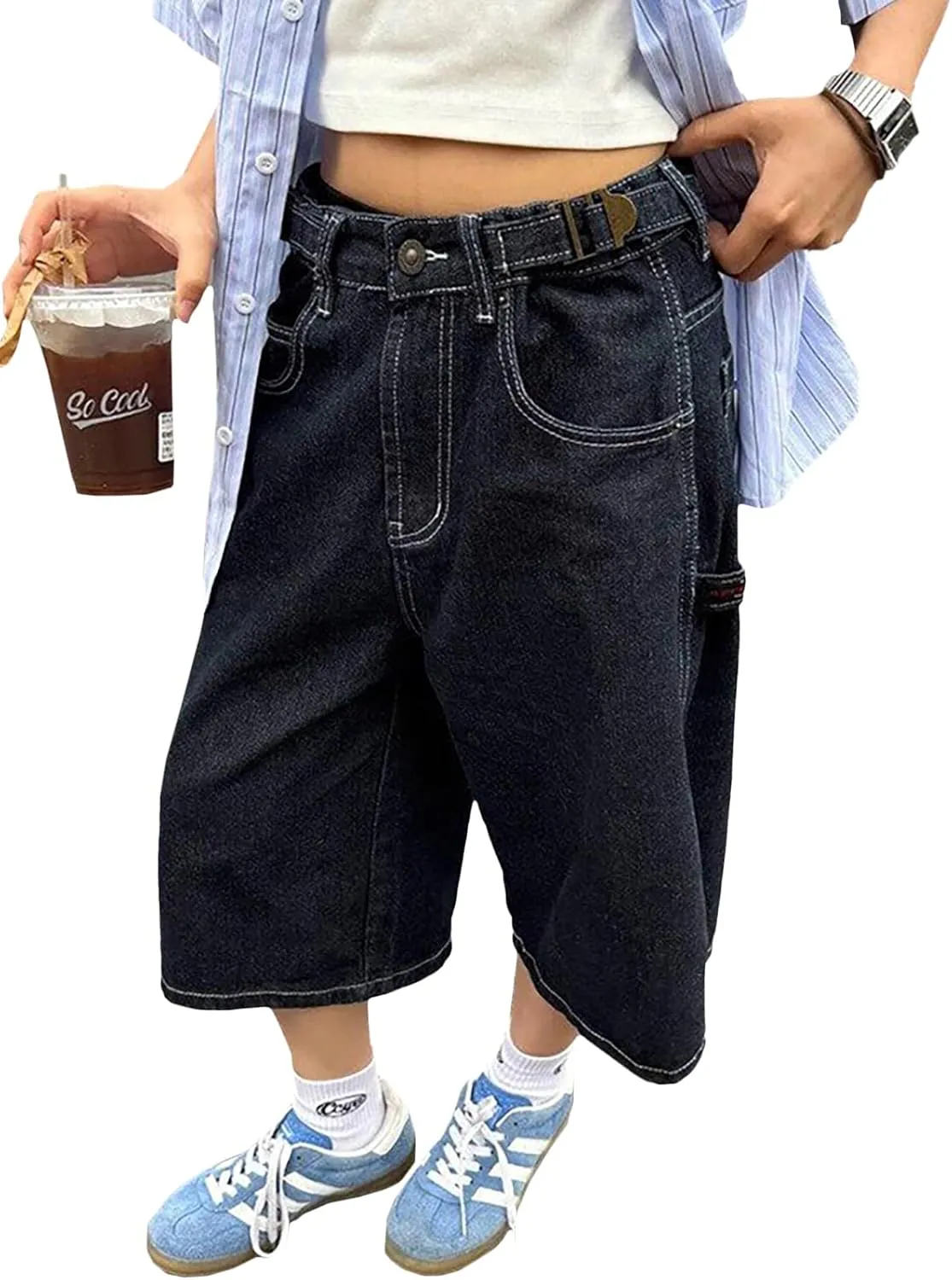 EMMIOL Women Jorts Jean Denim Shorts Mid Waist Baggy Wide Leg Capri Jeans Trendy Y2k Clothes