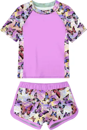 Enlifety 7-14T Girls Swimsuit 2 Piece Bathing Suit Short Sleeve Rash Guard Swimwear Set