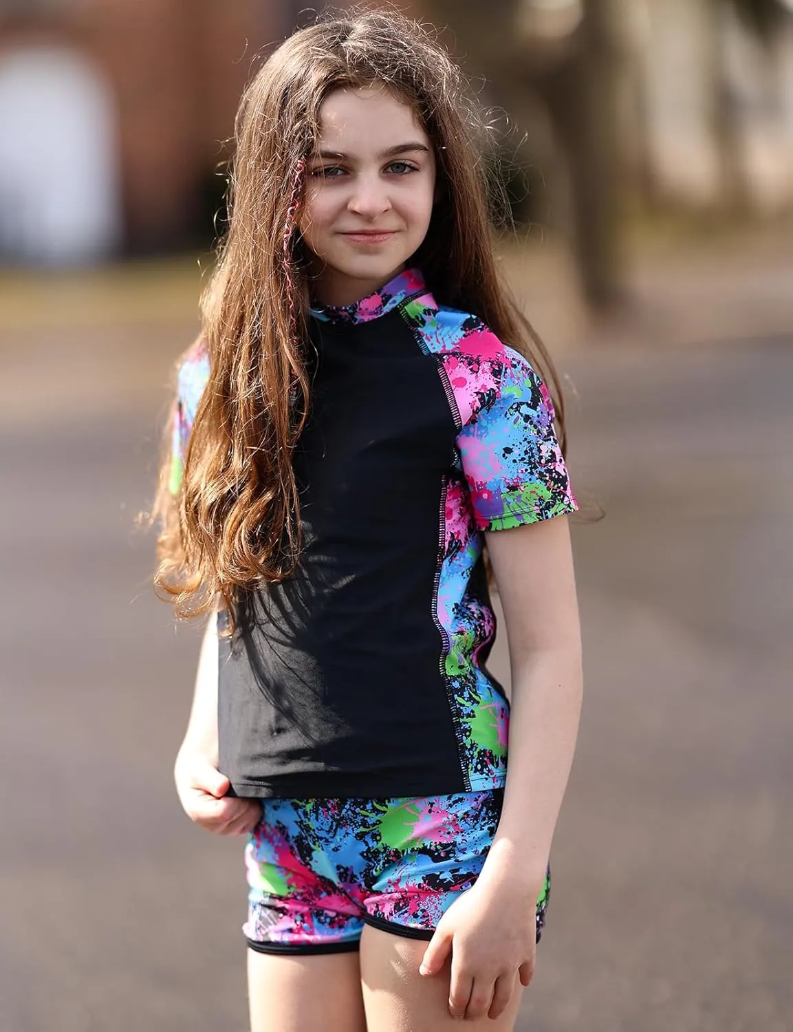 Enlifety 7-14T Girls Swimsuit 2 Piece Bathing Suit Short Sleeve Rash Guard Swimwear Set