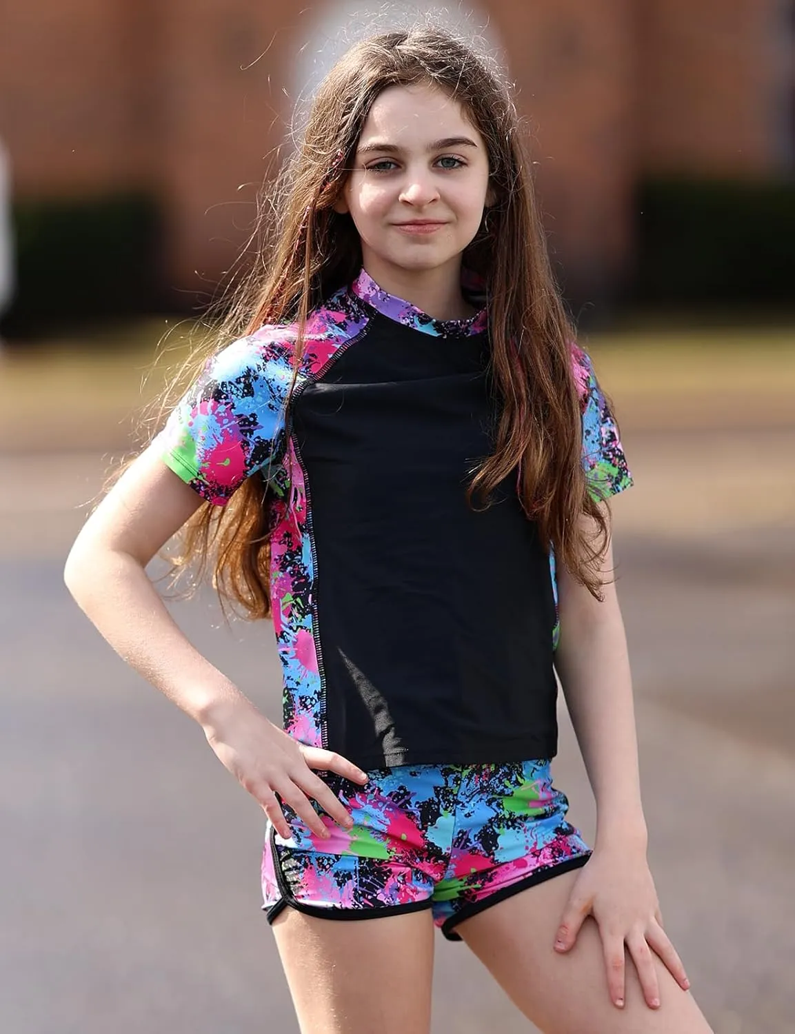 Enlifety 7-14T Girls Swimsuit 2 Piece Bathing Suit Short Sleeve Rash Guard Swimwear Set