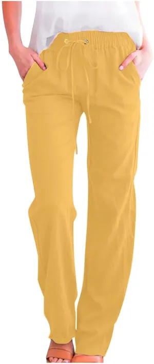 Fanteecy Women's 2024 Trendy Cotton Linen Drawstring Pants Elastic Waist Palazzo Pants Summer Casual Trousers with Pockets