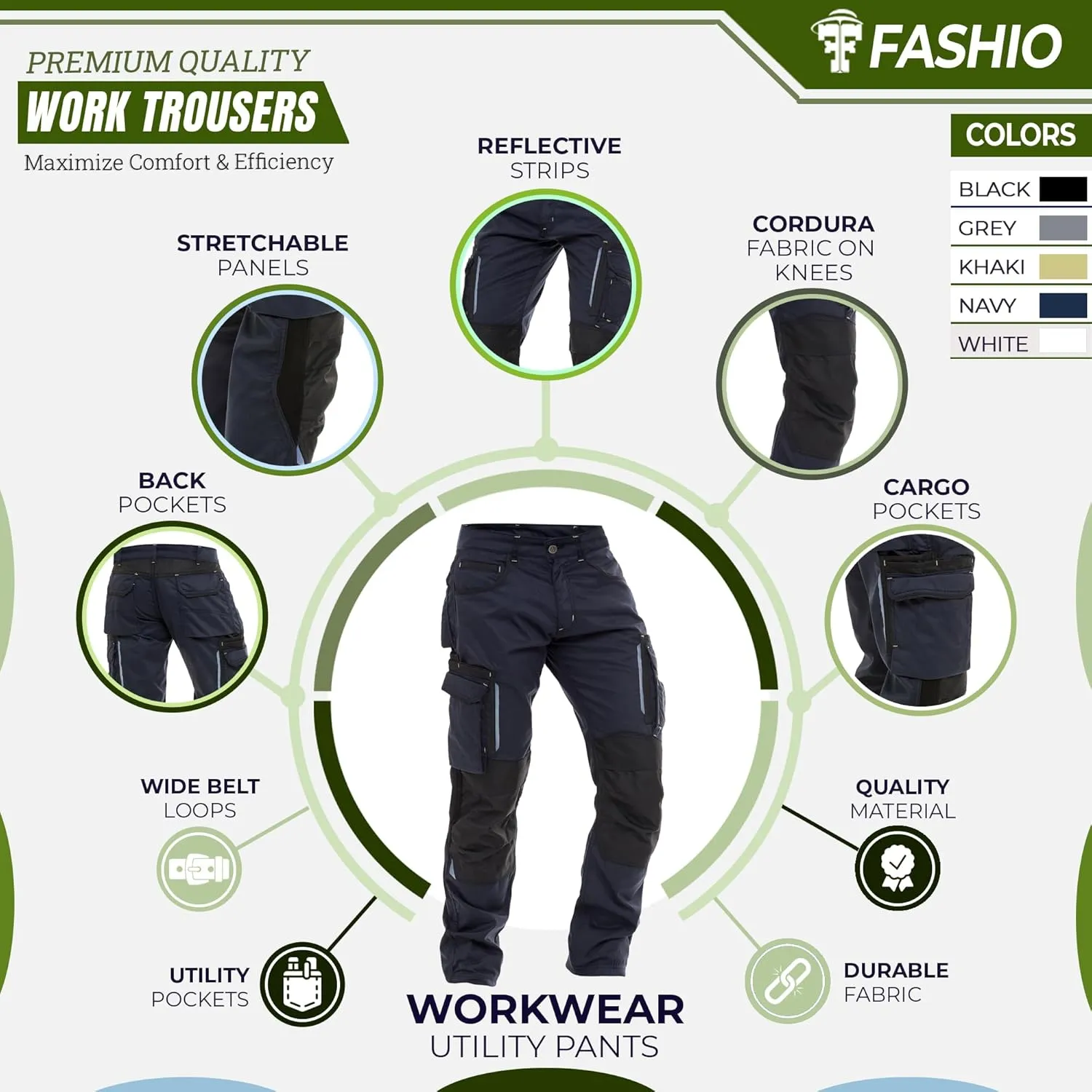 FASHIO FF Mens Construction Pants Utility Work Heavy Duty Workwear Trousers Carpenter Knee Reinforcement Cordura Safety Pants